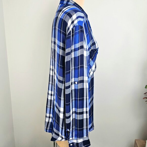 Express Coastal Academian Blue Plaid Roll-Tab Shirt Small - Picture 5 of 11